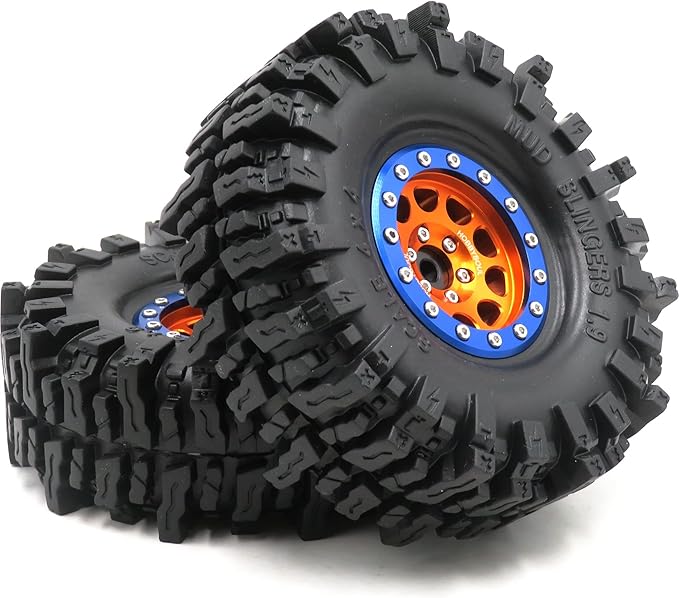 HOBBYSOUL 1.9 Mud Slingers Tires Soft Sticky Tyres 120mm / 4.72inch & Metal 1.9 Beadlock Wheels Orange Blue Rims for 1/10 RC Crawler Trail Traxxas TRX4 Axial SCX10 Redcat Gen8 upgarde