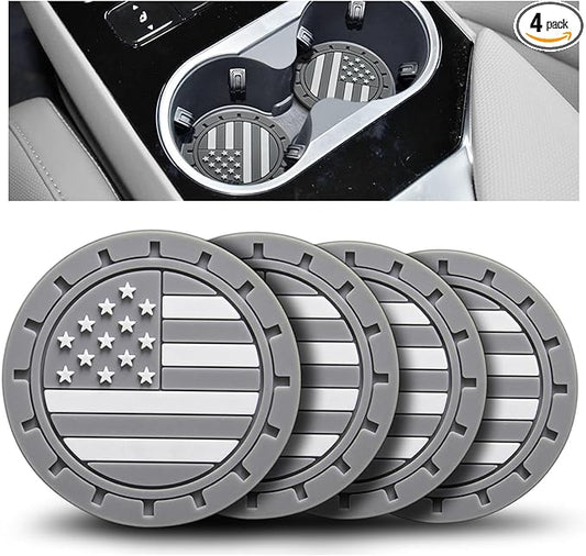 Car Cup Holder Coasters 4 Pack - American Flag 2.75 Inch Anti Slip Shockproof Drink Mat - Vehicle Interior Decor Accessories Grey