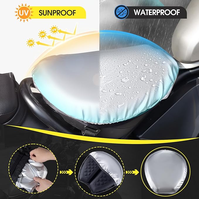 Foldable Motorcycle Gel Seat Cushion with Sunshade Cover – 3D Dome-Shaped High Elasticity Shock Absorption Seat Pad, Comfort & Butt Protection for Long Rides, Stay Cool & Comfortable
