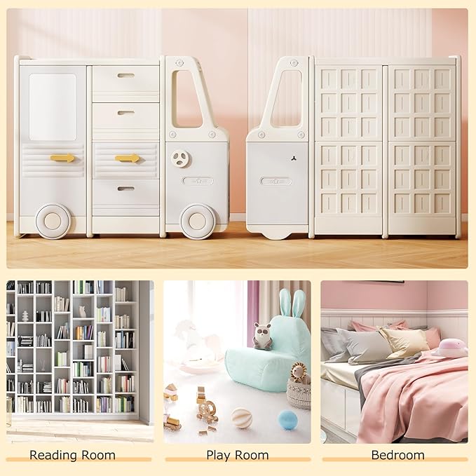 Costzon Kids Toy Storage Organizer, Toy Shelf w/ 4 Pull-Out Drawers, Enclosed Cabinets & Drawing Board, Car-Shaped Kids Bookshelf for Playroom, Toddler Room, Classroom & Nursery