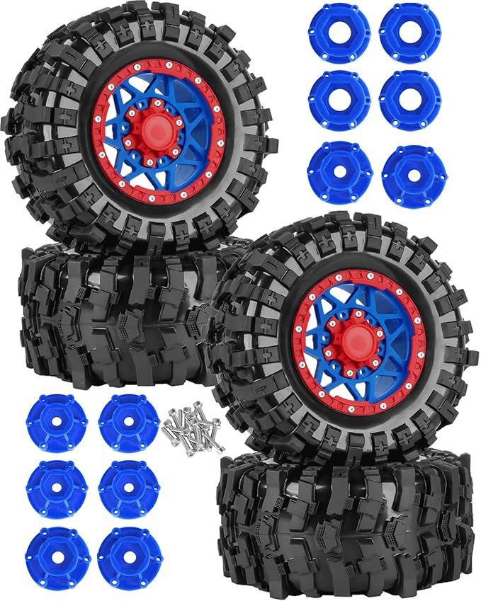 1/10 Scale RC Truck Tires,Wheels and Tires w/12/14/17MM Hex for Rustler Stampede Hoss, Granite Vorteks Big Rock 3S,1/10 Off Road Tires Rubber Truck Tyres w/Foam Insert,Navy Blue w/Red