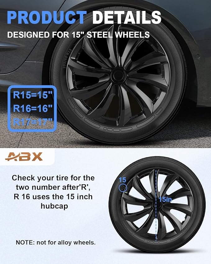ABX Hubcap Wheel Covers Hub Caps 15 Inch Set of 4 Black & Silver Universal Wheel Rim Cover R15 Stylish Car Decor Wheel Covers for Toyota Camry Nissan Mazda (black-11, 15 inch)