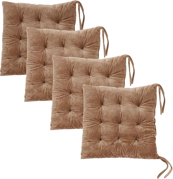 Set of 4 Square Chair Pads Indoor Seat Cushions Pillows with Ties Soft Comfortable Non Slip Chair Mat for Kitchen Dining Office Desk Living Room Outdoor Tatami 15.5" - Khaki