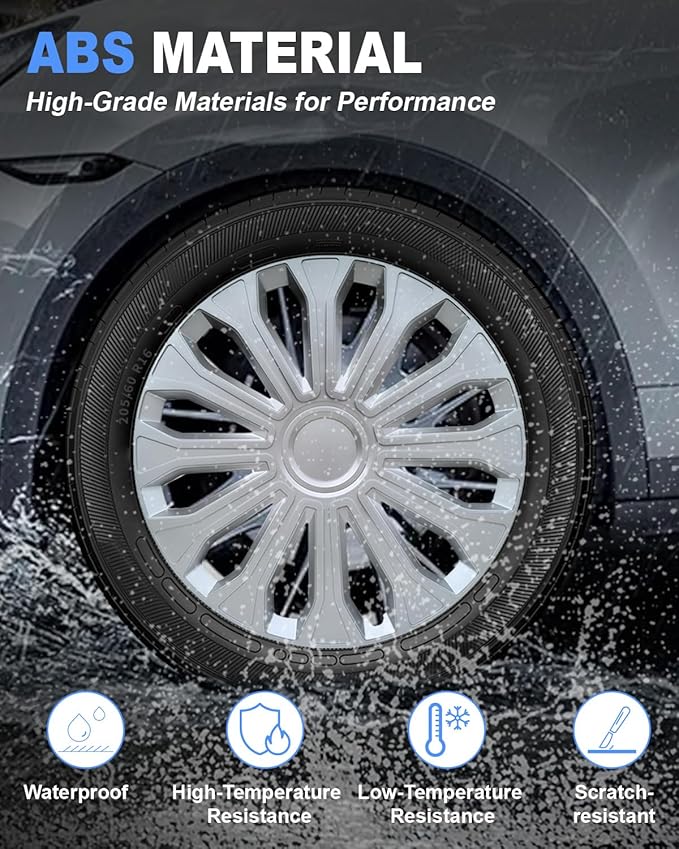 ABX Hubcaps,16 inch hubcaps Set of 4, Wheel Rim Cover ABS Material, Snap On Car Truck SUV Replacement, for Toyota Camry Nissan Mazda etc, Silver