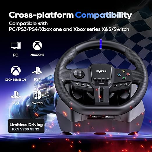 PXN Gaming Steering Wheel - 270/900° V900 GEN2 Sim Racing Wheel with Pedals Paddle Shifter - for Xbox One,Series S|X, PC, PS4, Switch