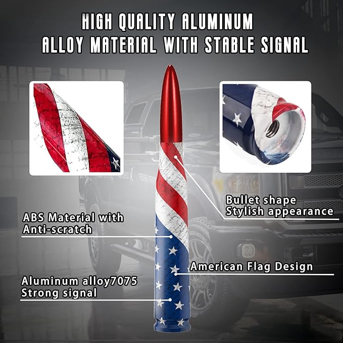 Car Truck Bullet Antenna with Valve Stem Caps, Universal Antenna Mast for GM Chevy Silverado 1500 2500 3500 HD Avalanche Ford F150 F250 F350 Heavy Duty Pickup Jeep Accessories (Red)-American Flag