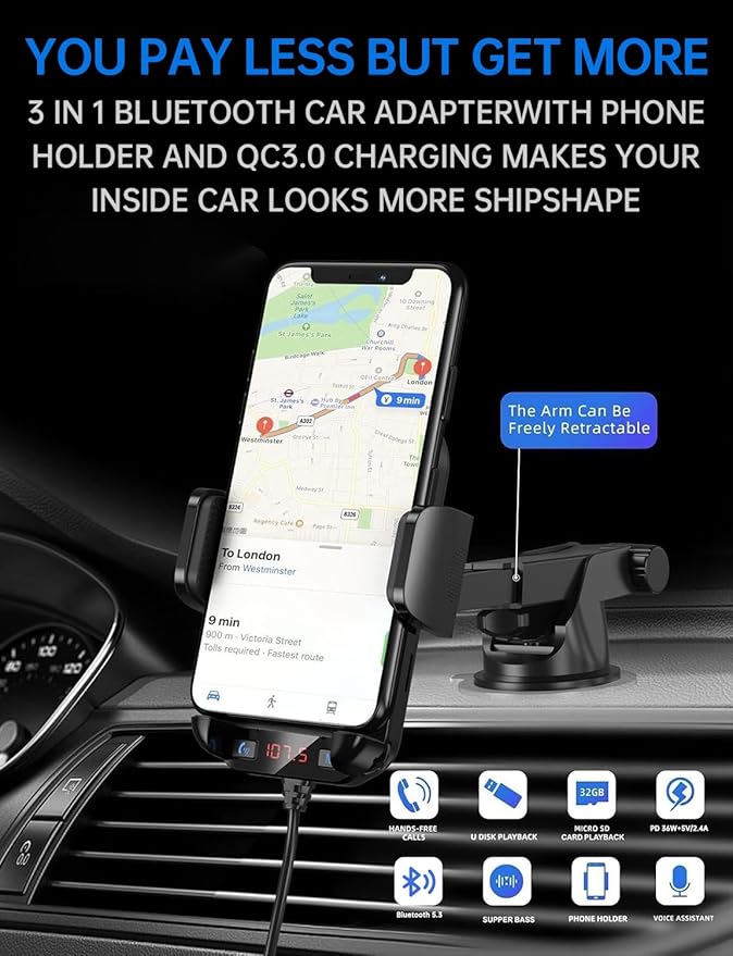 Bluetooth Car Adapter 3 in 1 FM Transmitter Car Radio Bluetooth Transmitter with Phone Holder, PD 36W Fast Charging, Strong Microphone, HiFi Bass Sound, Hands-Free Call, Support USB/TF Drive