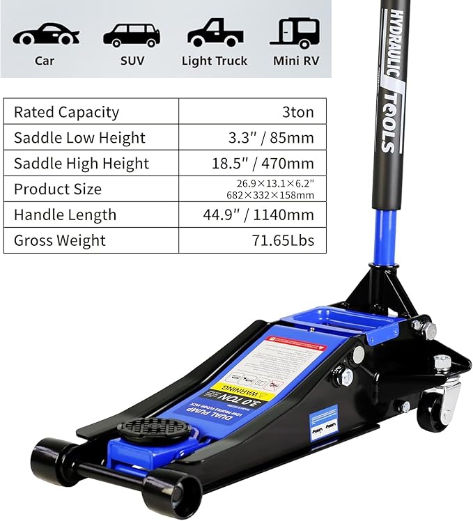 3 Ton Low Profile Floor Jack, Heavy Duty Floor Jacks with Dual Pistons Quick Lift Pump, Steel Car Jack Adjustable Height 3.3"-18.5", Hydraulic Trolley Floor Jack 3 Ton/6600 LBS Capacity, Blue