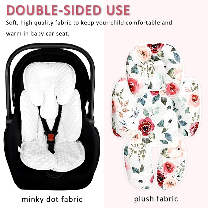 2 in 1 Infant Car Seat Insert, Car Seat Head Support Baby Girls Boys, Soft Newborn Carseat Insert Cushion, Perfect for Carseats, Strollers, Swings (Rose Flower)