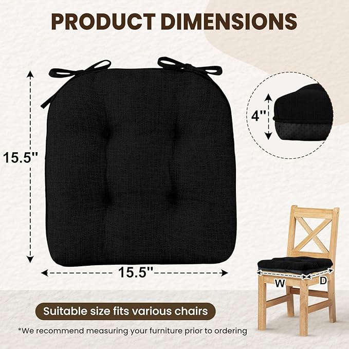 downluxe Indoor Chair Cushions for Dining Chairs, Tufted Overstuffed Textured Foam Kitchen Chair Pads with Ties and Non-Slip Backing, 15.5" x 15.5" x 4", Black, 4 Pack