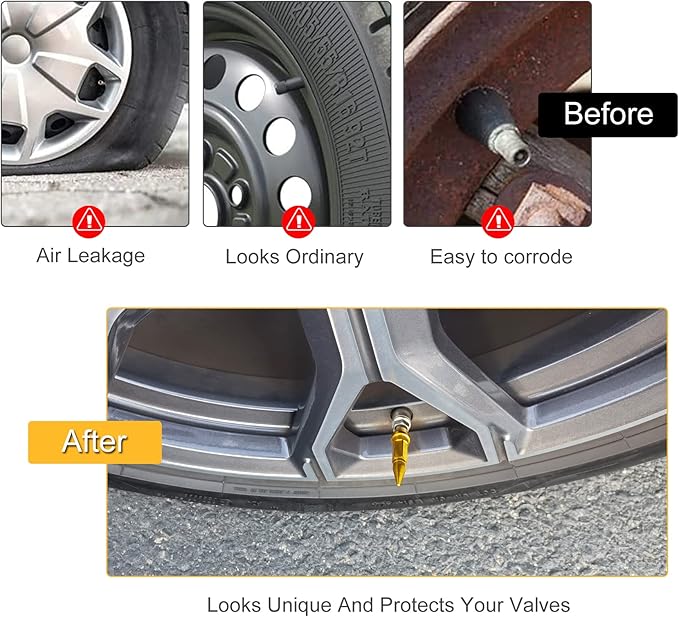 SINGARO 60mm Spiked Valve Caps,Aluminum Alloy Dustproof and Waterproof Tire Valve Stem Caps, Suitable for Cars, Trucks and Motorcycles (4PCS Gold)