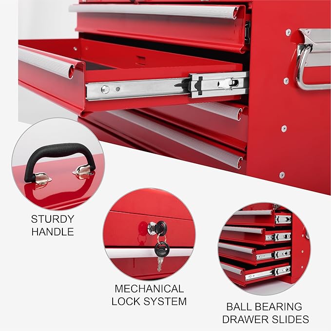 21" Portable 4 Drawer Steel Toolbox, 5 Layers of Tools with Metal Latches, with Top Storage Tray and Carrying Handle, Multi-Function Tool Chest for Garage, Home,or Workbench（red）