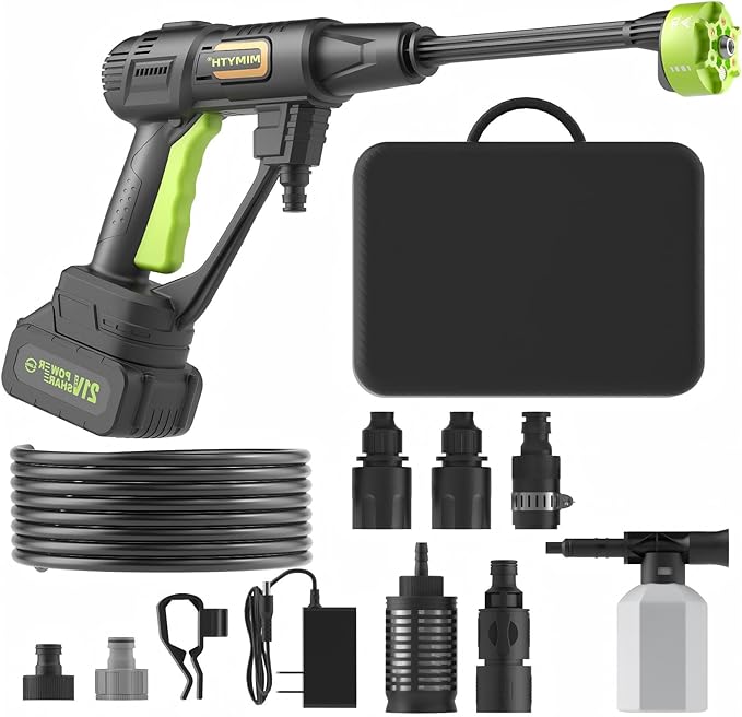 Cordless Portable Washer, Handheld Washer, Battery Operated Washer for Car Home Outdoor Patio Garden, Lightweight Car Washer, Washer with Foam Pot, Cleaner with 23FT Elastic Hose (Evergreen)