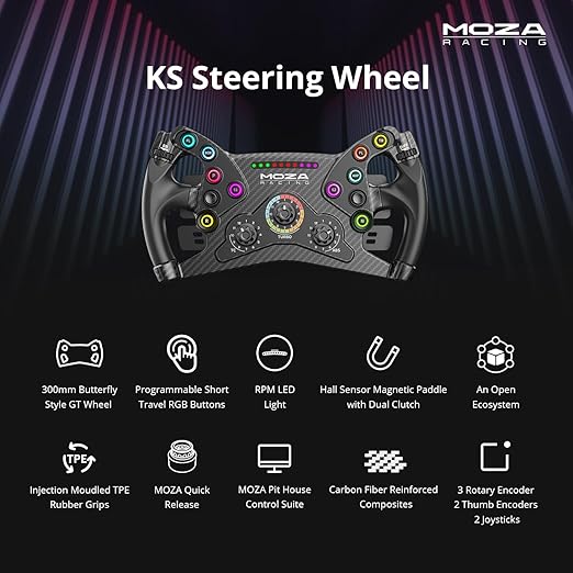 MOZA KS Steering Wheel 300mm Butterfly Style GT Racing Wheel, Fully Customizable Sim Racing Gaming Simulator, Compatible with 3rd-Party Bases via Hub