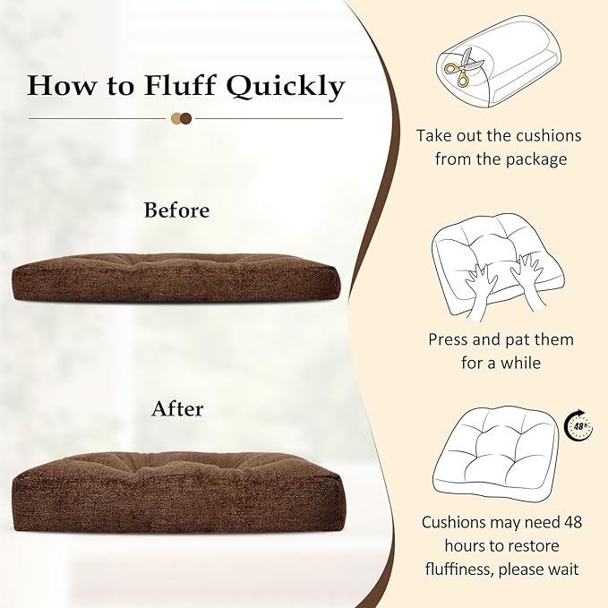 downluxe Chair Cushions for Dining Chairs 4 Pack, Tufted Indoor Chair Pads with Non-Slip Bottom, U-Shaped Kitchen Chair Cushions, 18"x18"x4", Brown