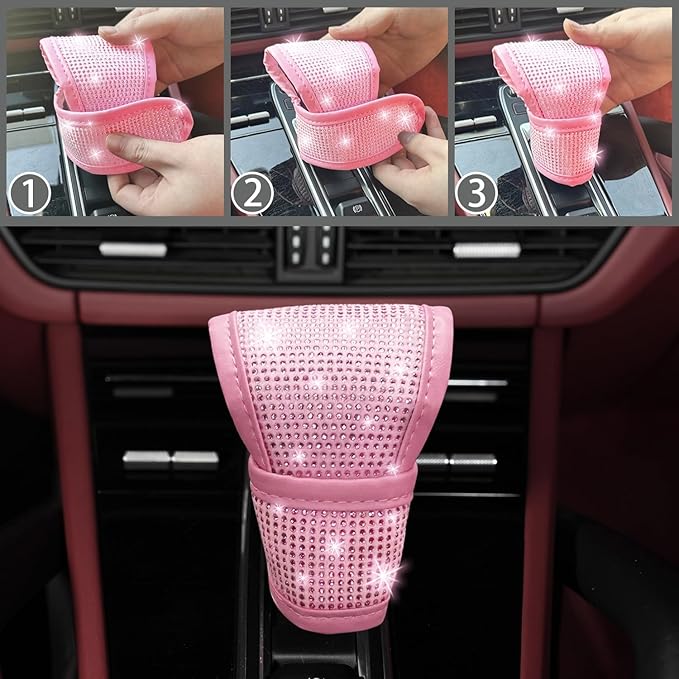 NBTEPEM 8 pcs Pink Bling Car Accessories Set for Women, Steering Wheel Cover, Sparkly Seat Belt Covers, Bling Gear Shift Cover, Universal Fit Most Cars (All Pink Diamond)