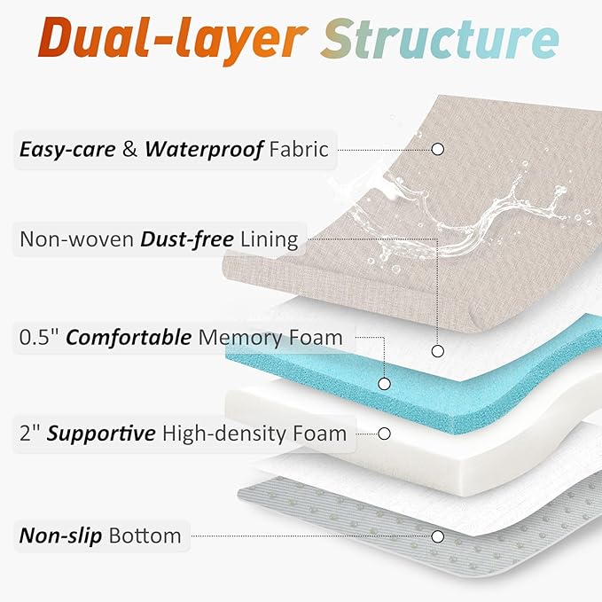 downluxe Chair Cushions for Dining Chairs, Memory Foam Linen Kitchen Chair Pads with Ties, Waterproof, Stain-Resistant and Washable Cover, 17" x 16" x 2.5", Beige, 6 Pack