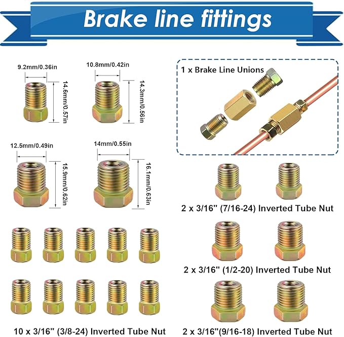 3/16inch x 25 ft Brake Line Tubing Kit Flexible Copper Coated Alloy Brake Line Tubing Coil with 18 Inverted Flare Fittings and 1 Unions SAE Standard