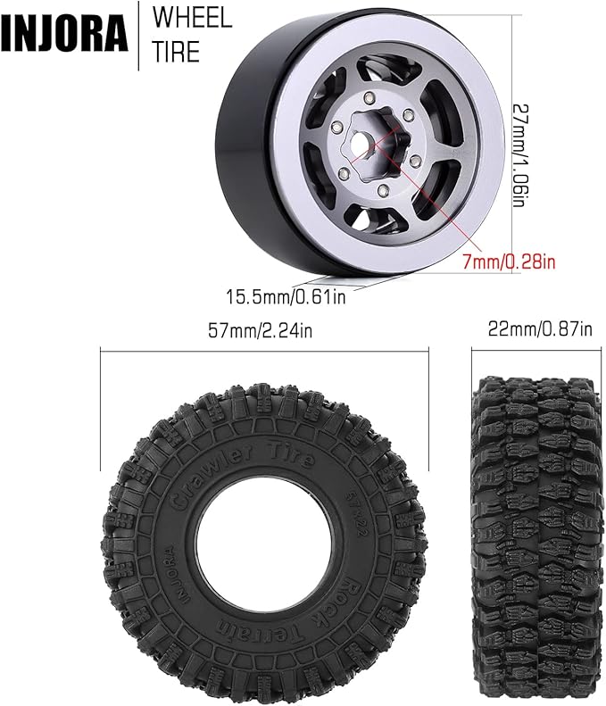 INJORA 1.0 Beadlock Wheel S5 Super Soft Sticky Crawler Tires for TRX4M Axial AX24 SCX24 FCX24 Enduro24 Upgrade, 57 * 22mm(Black&Grey)