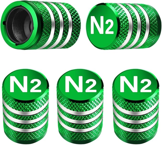 Tire Valve Stem Caps Cover - (5 Pack) Tire Air Cap N2 Nitrogen Metal with Plastic Liner Corrosion Resistant Leak-Proof for Car Truck Motorcycle Bike Green