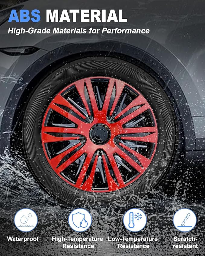 ABX Hubcaps,16 inch hubcaps Set of 4, Wheel Rim Cover ABS Material, Snap On Car Truck SUV Replacement, for Toyota Camry Nissan Mazda etc, Black&Red