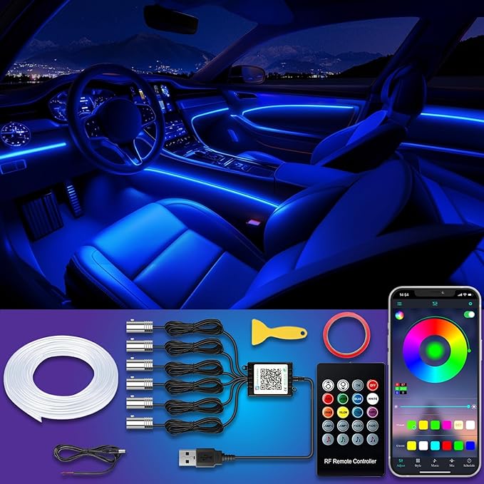 Jushope Car LED Strip Lights, USB Interior Ambient Lighting Kits with Wireless APP and RF Remote Control, 16 Million Colors Music Mode Car Decoration Lights with 315 inches 3.0mm Fiber Optic (6 in 1)