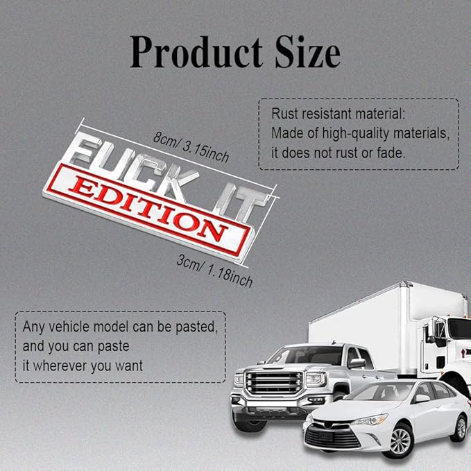 Fuck IT Edition Emblem, Car Exterior Emblems Badge 3D Sticker Decal, Fuck-IT Edition Emblem 3D Fender Badge Decal, 3D Fender Badge Decal Car Truck Replacement, Fit for All Cars (Sliver Red 1)
