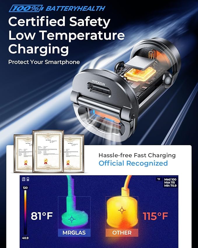 【Upgraded】 125W Car Charger USB C Super Fast Charging, [PD65W & QC60W][All Metal] MRGLAS Cigarette Lighter Car Charger, RV Power Adapters Accessories for iPhone 17 Pro Max iPad Samsung S25 Pixel 10