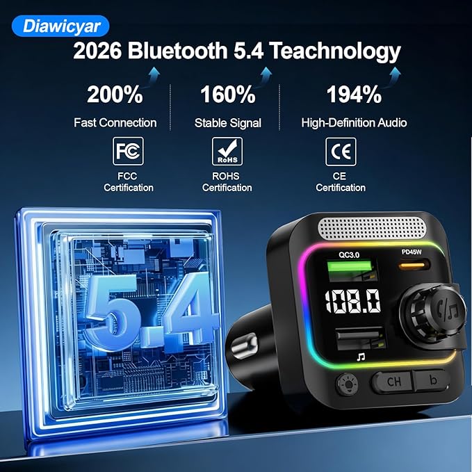 FM Transmitter Bluetooth Car Adapter - 63W Wireless Radio FM Bluetooth Transmitter with Deep Bass Player for Old Cars [PD 45W & QC3.0], Car Charger USB C Fast Charge, Hands-Free Calling, Black