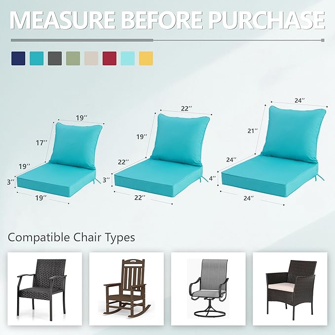 24x24 Inch Outdoor Chair Cushions Set of 4, Patio Furniture Cushions - Removable Cover, Water-Repellent, Fade-Resistant, Non-Slip Bottom & Straps, Replacement for Deep Seat Sofa & Couch - Teal