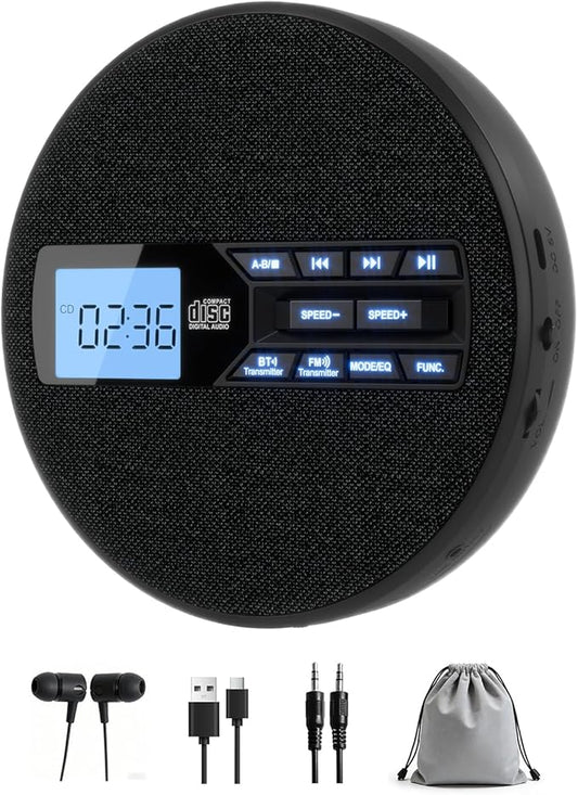 Portable CD Player with FM Transmitter for Car, Rechargeable Small CD Player Portable with Bluetooth & Dual Stereo Speakers for Home, Anti-Skip, Resume Playback, AUX/USB, Headphones