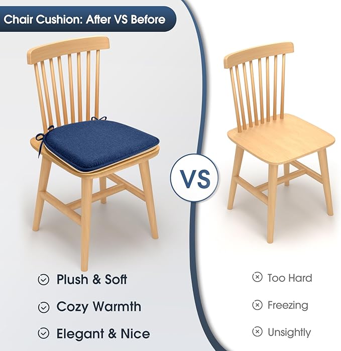 TushGuard Chair Cushions for Dining Chairs Set of 4, Soft Seat Cushions for Kitchen Chairs, Non-Slip Bottom with Ties, Comfortable Everyday Chair Pads, Navy Blue