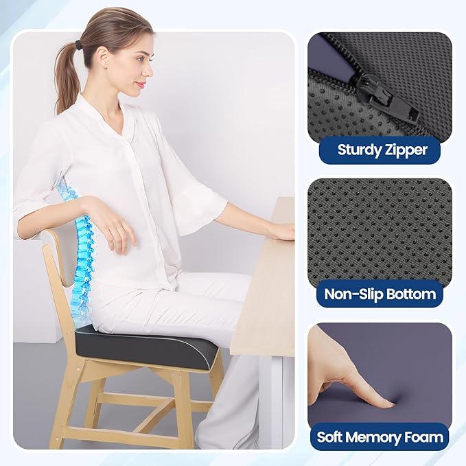 SweetSlubr Seat Cushion for Tailbone Pain Relief, Office Chair Cushion, Memory Foam Large Chair Cushion with Non-Slip Cover for Soft Support at Office Chair, Car Seat, Airplane Grey/Large