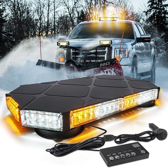 56 LED White Amber Mix Rooftop Strobe Beacon Lights Bar Controller Magnetic Emergency Traffic Warning Flashing Plow Light for Construction Vehicles Trucks Snowplow Tow Commercial Security Car