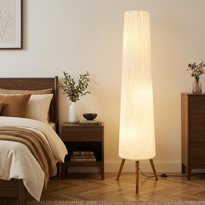 GyroVu 60 Inch Oatmeal Wood Floor Lamp, Color Temperature Adjustable Softlighting Corner Lamp, 3 Bulbs Standing Lamp, Creative Ambient Light for Living Room Bedroom&Office-Bulbs Included
