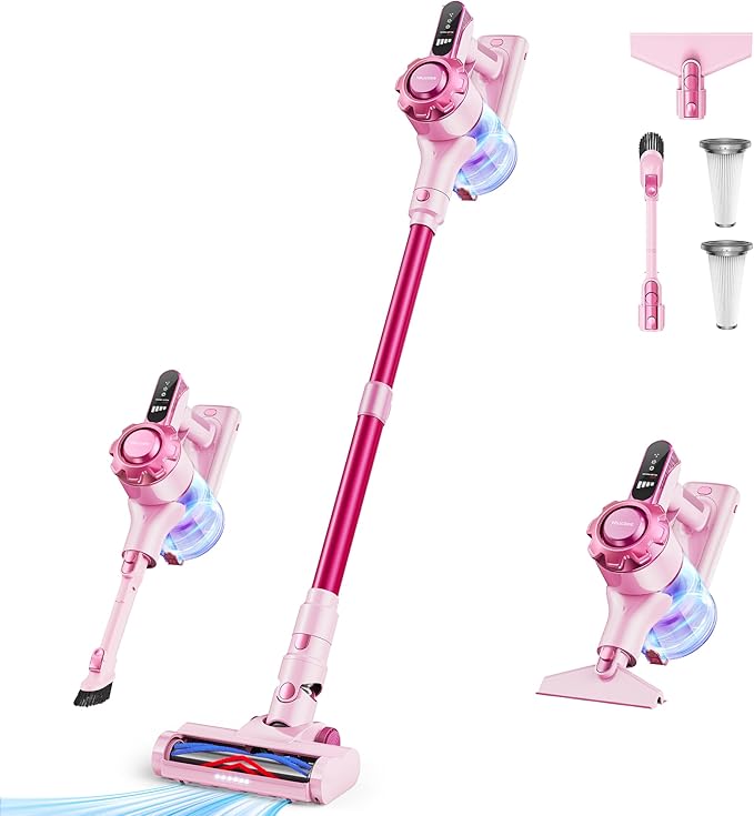 Trucozie Cordless Vacuum Cleaner, 8-in-1 Lightweight Stick Vacuum with 45mins Runtime, Powerful Suction, Vacuum Cleaners for Home, Hardwood Floors, Carpet, Pet Hair, Pink