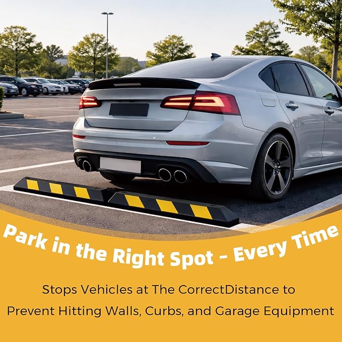 BESEA 35.5" Rubber Parking Stoppers 2 Pack, 22000 LBS Heavy Duty Car Stopper with Reflectors & Mounting Screws, Parking Stopper for Garage, Garage Parking Aid, Parking Stops for Cars 4 Inch Rise