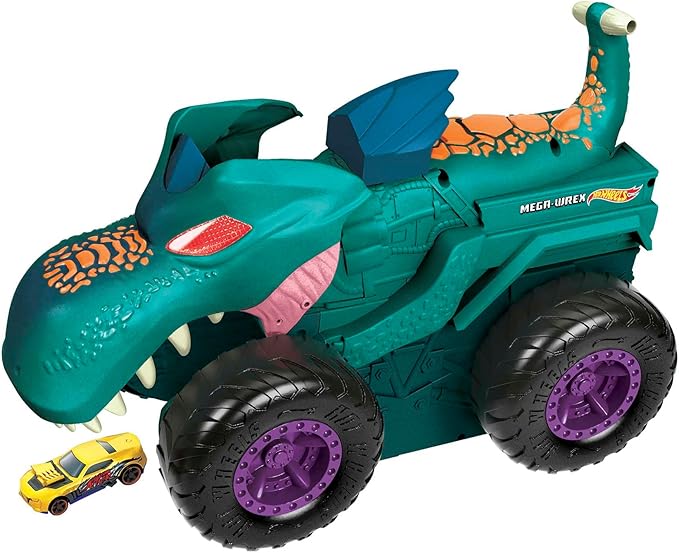 Hot Wheels Monster Trucks Car Chompin' Mega-Wrex, Large Toy Monster Truck & Toy Car, Eats & Poops 1:64 Scale Vehicles, Lights & Sounds