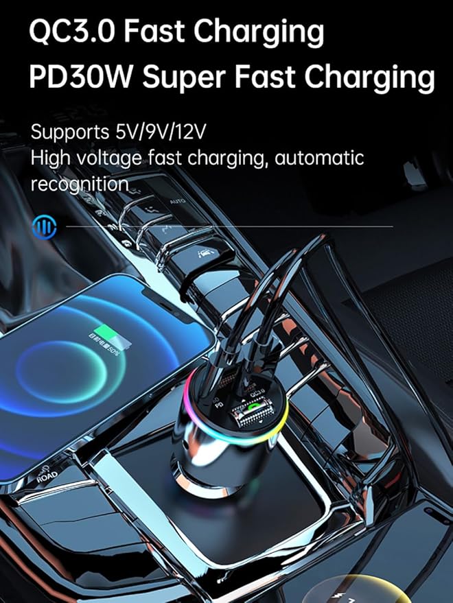 Upgraded V5.3 FM Bluetooth Transmitter Car, Full Metal Bluetooth Car Adapter, Hi-Fi Bass Sound, PD 30W & QC 18W, Handsfree Calls, 7 LED Colors, AUX Output