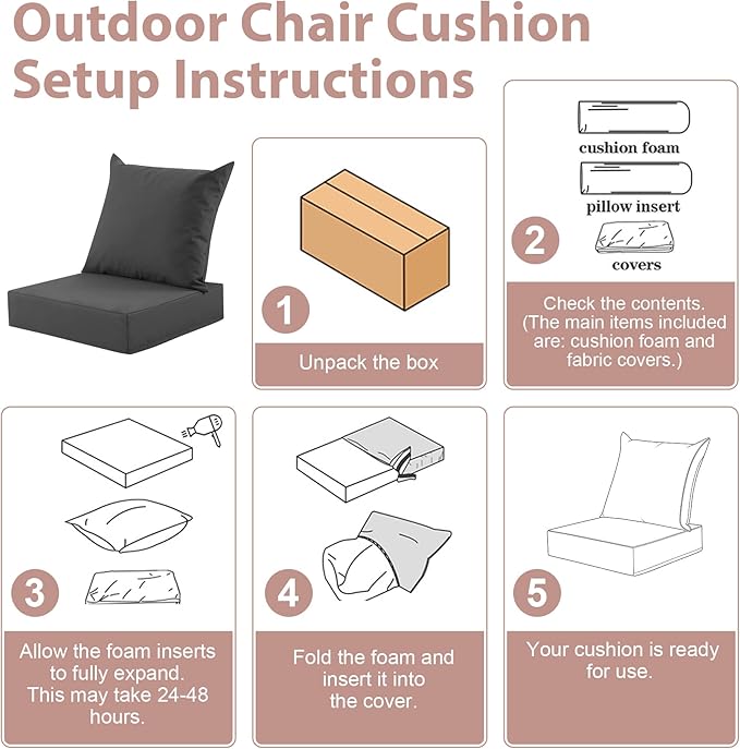 Outdoor Deep Seat Cushion Set, 24x24 Inch Water-Resistant & Fade-Resistant Outdoor Chair Cushions, Patio Furniture Cushions with Removable Cover for Patio Chair, Sofa, Dark Grey (Set of 6)