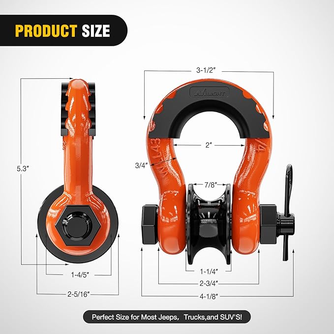 Nilight 3/4" D-Ring Shackle w/Snatch Block (2 Pack) 9,500 lb Working Load, 2-in-1 Heavy‑Duty Towing Pulley w/Isolator for Off‑Road Recovery, Winch Cable & Rope, Truck Jeep ATV UTV Tractor, Orange