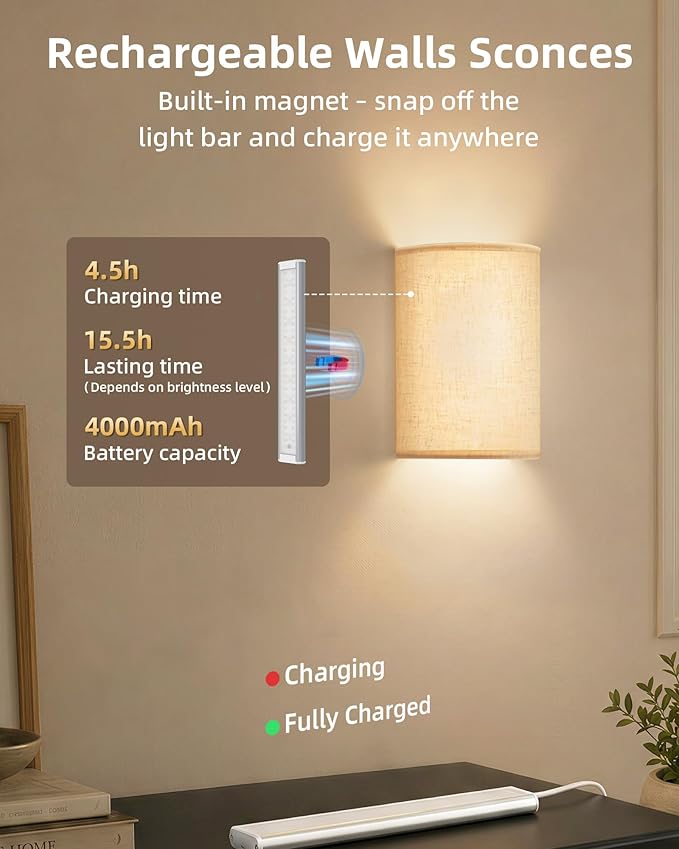 EZVALO Battery Operated Wall Sconce, Rechargeable Wall Sconces Set of Two with Remote, 3 Color & 80 RGB Wireless Wall Mount Lamp, Dimmable, Timer, Peel and Stick, Fabric Linen Wall Lights for Bedroom