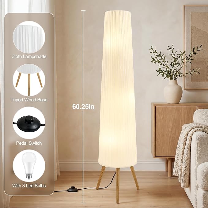 GyroVu 60 Inch Wood Floor Lamp, White Cloth Shade, Color Temperature Adjustable Softlighting Corner Lamp, 3 Bulbs Standing Lamp, Creative Ambient Light for Living Room Bedroom&Office-Bulbs Included