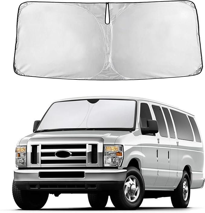 Autovir Windshield Sun Shade Fit for 1992-2024 2025 2026 Ford Econoline E Series Sun Shade, Front Window Sun Visor, UV Protection, Heat Blocker, Foldable Car Accessories