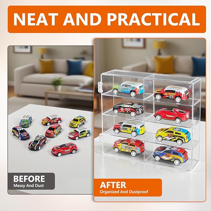 1/64 Scale Matchbox Wheels Toy Car Display Case Holds 32 Toy Cars Storage Organizer, Clear Display Box with Clear Snap-On Dust Cover 6.5 X 7.5 X 1.6 Inches 4 Pack