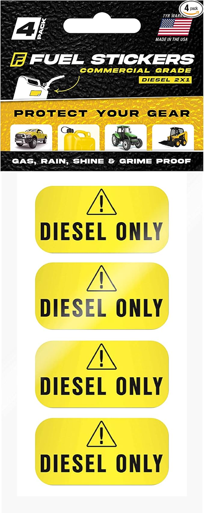 Diesel Only Sticker (Yellow), Labels for Tractors, Construction and Heavy Equipment - Weather Proof, Extreme Stick, Commercial Grade Diesel Labels by Fuel Stickers - USA Made (2x1 inch), 4 Labels
