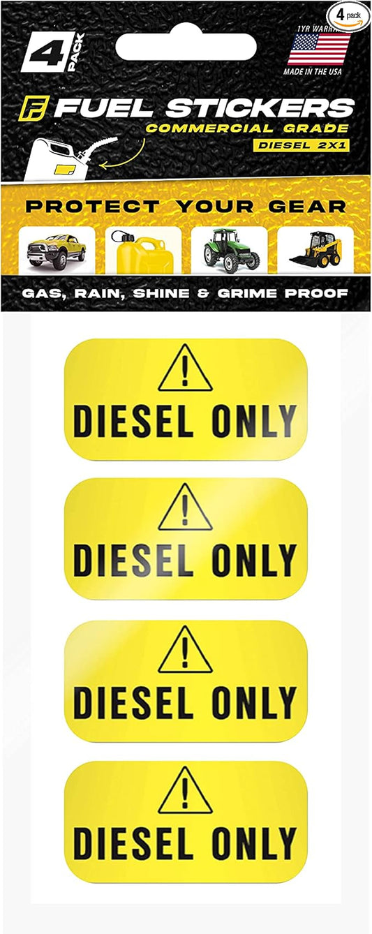 Diesel Only Sticker (Yellow), Labels for Tractors, Construction and Heavy Equipment - Weather Proof, Extreme Stick, Commercial Grade Diesel Labels by Fuel Stickers - USA Made (2x1 inch), 4 Labels
