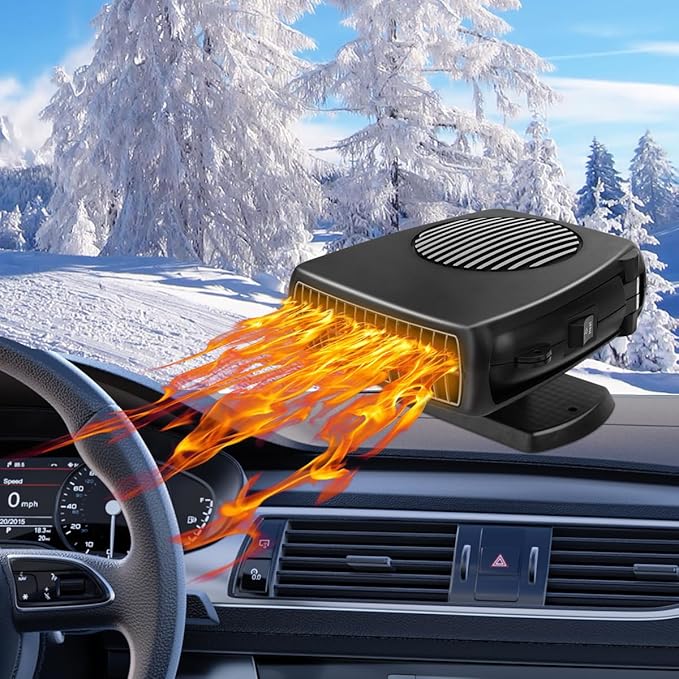 Car Heater, 200W 12V Portable Windshield Defogger and Defroster，2 in 1 Modes Fast Heating &Cooling Fanswith Cigarette Lighter Plug 360 Degree Rotary Base