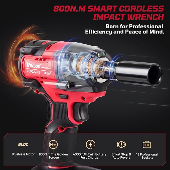 Cordless Impact Wrench1/2 Inch, 800N. M/590Ft-lbs Power Impact Gun Kit, High Torque Electric Impact Driver for Car RV Tire,LED Light,4.0Ah Battery,Car/DIY Furniture/Home,Power tools,Red Toolbox