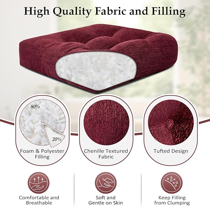 downluxe Chair Cushions for Dining Chairs 2 Pack, Tufted Indoor Chair Pads with Non-Slip Bottom, U-Shaped Kitchen Chair Cushions, 18"x18"x4", Burgundy